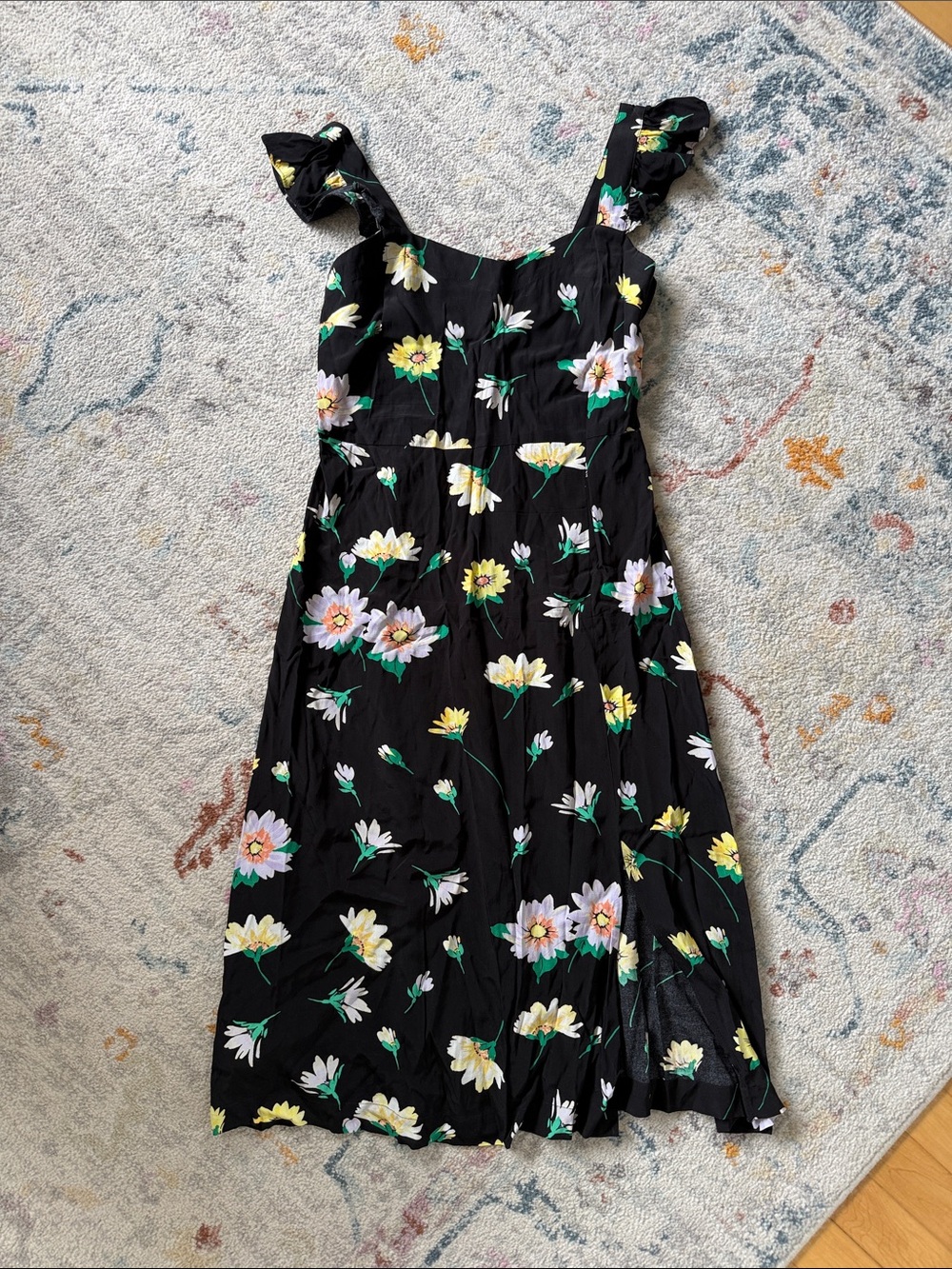 LOFT Black Floral Midi Dress with Yellow and Pink Flowers